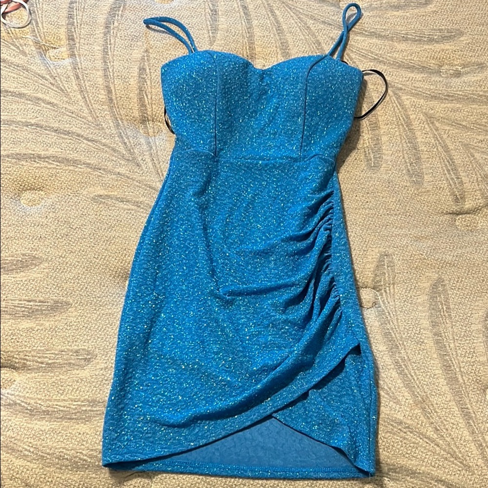 Windsor Blue Asymmetrical Ruched Bodycon Mini Dress